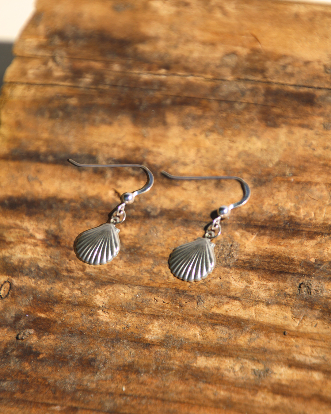 Silver shell-shaped earrings on a wooden surface